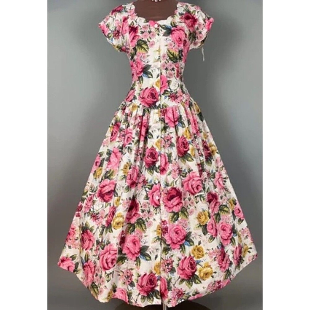 Vintage STARINA  Floral Cottage Core Dress SZ M Pink Rose Button Front & Pockets